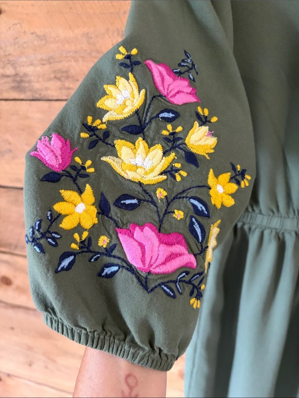 Old Navy Olive Green Dress with Pink and Yellow Floral Embroidery